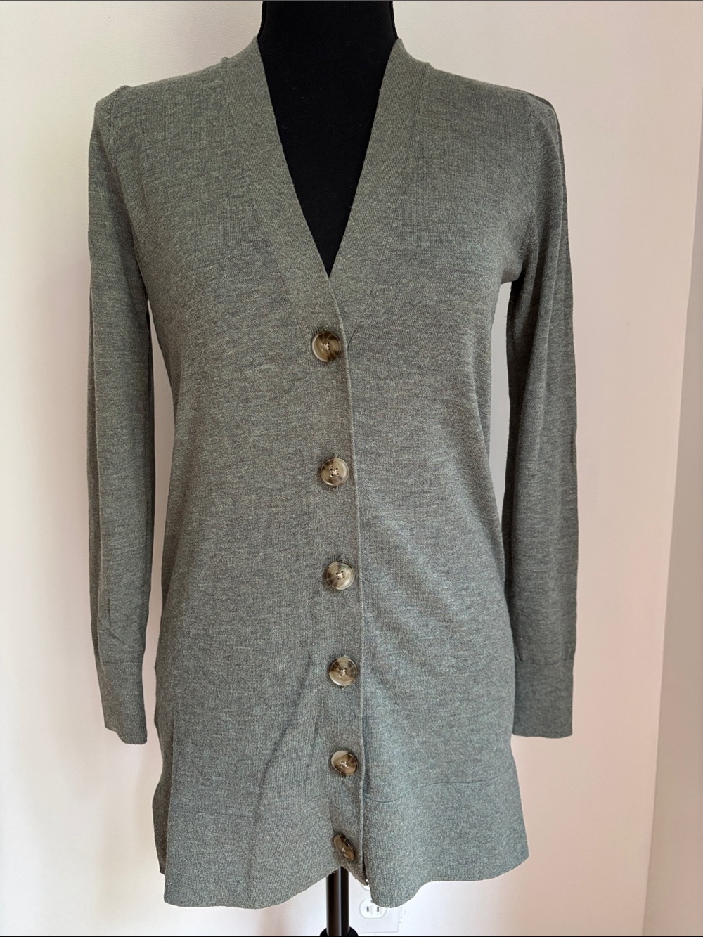 PERFECT LOFT Heather Green cardigan sweater tunic length petite extra small XSP